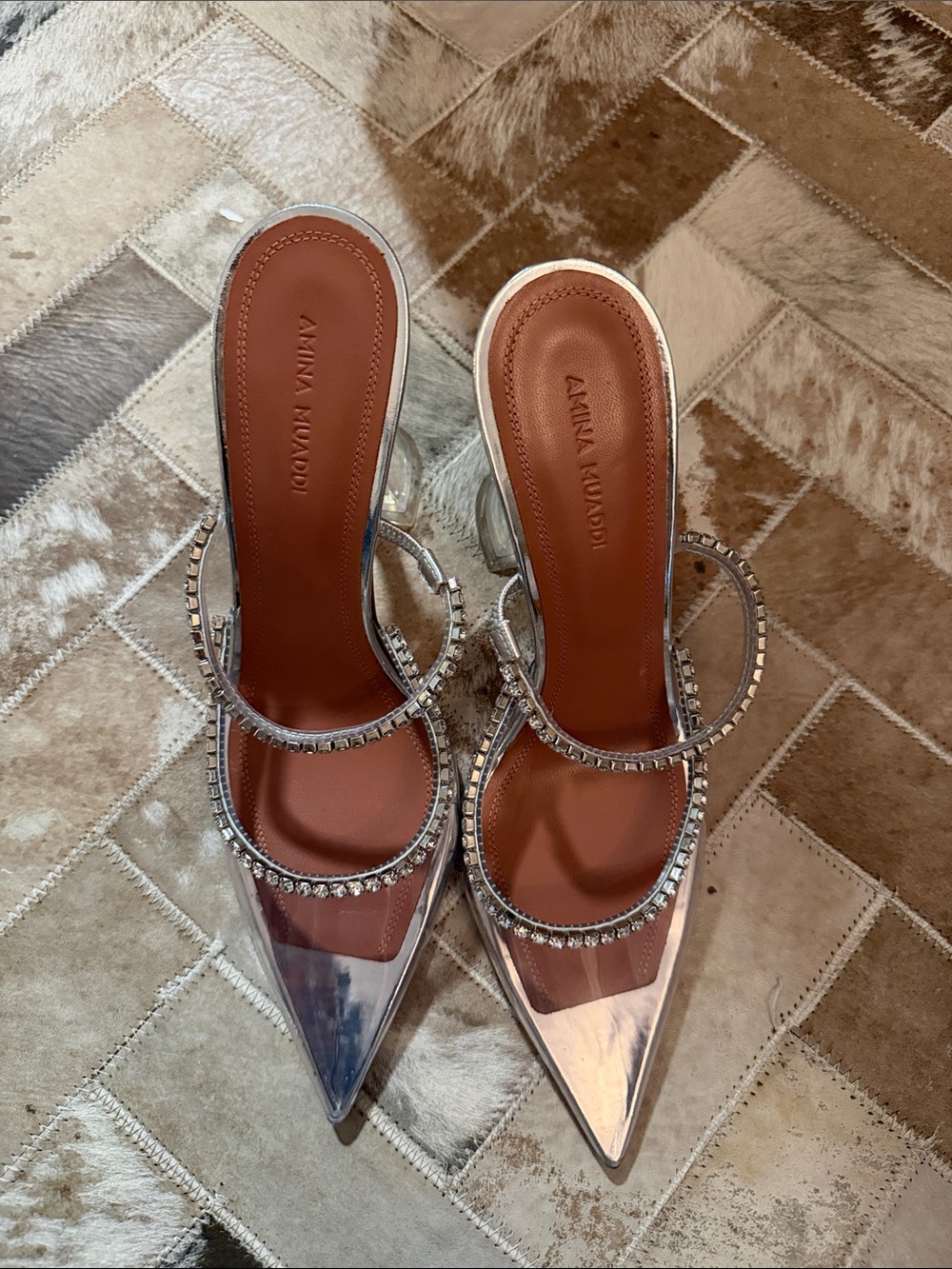 Amina Muaddi Clear PVC Pointed Mules with Crystal-Strap Accents